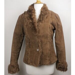 Beyond California Suede Leather Faux Fur Jacket Womens Large Brown‎ Y2K Boho